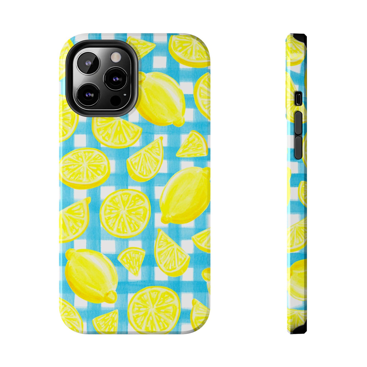Bright Yellow Lemons Watercolor Illustrated Tossed Pattern Turquoise Gingham Tough Phone Case | Various Models