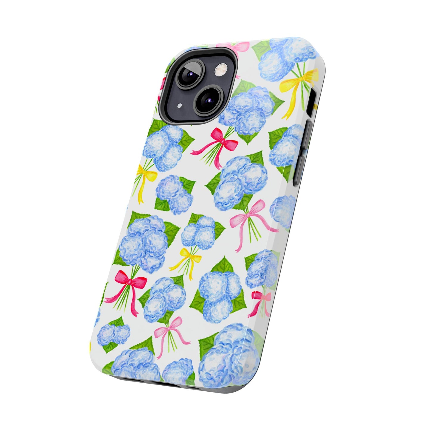 Blue Watercolor Hydrangea Bunches with Hot Pink, Yellow, Light Pink Bows Illustrated Patterned Tough Phone Case | Various Models