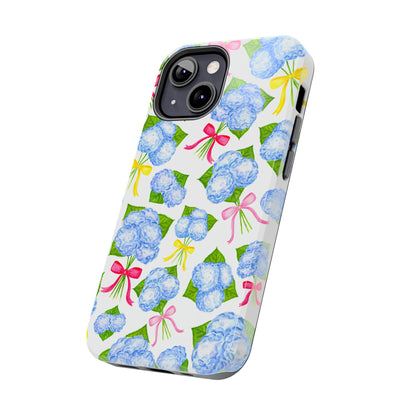 Blue Watercolor Hydrangea Bunches with Hot Pink, Yellow, Light Pink Bows Illustrated Patterned Tough Phone Case | Various Models