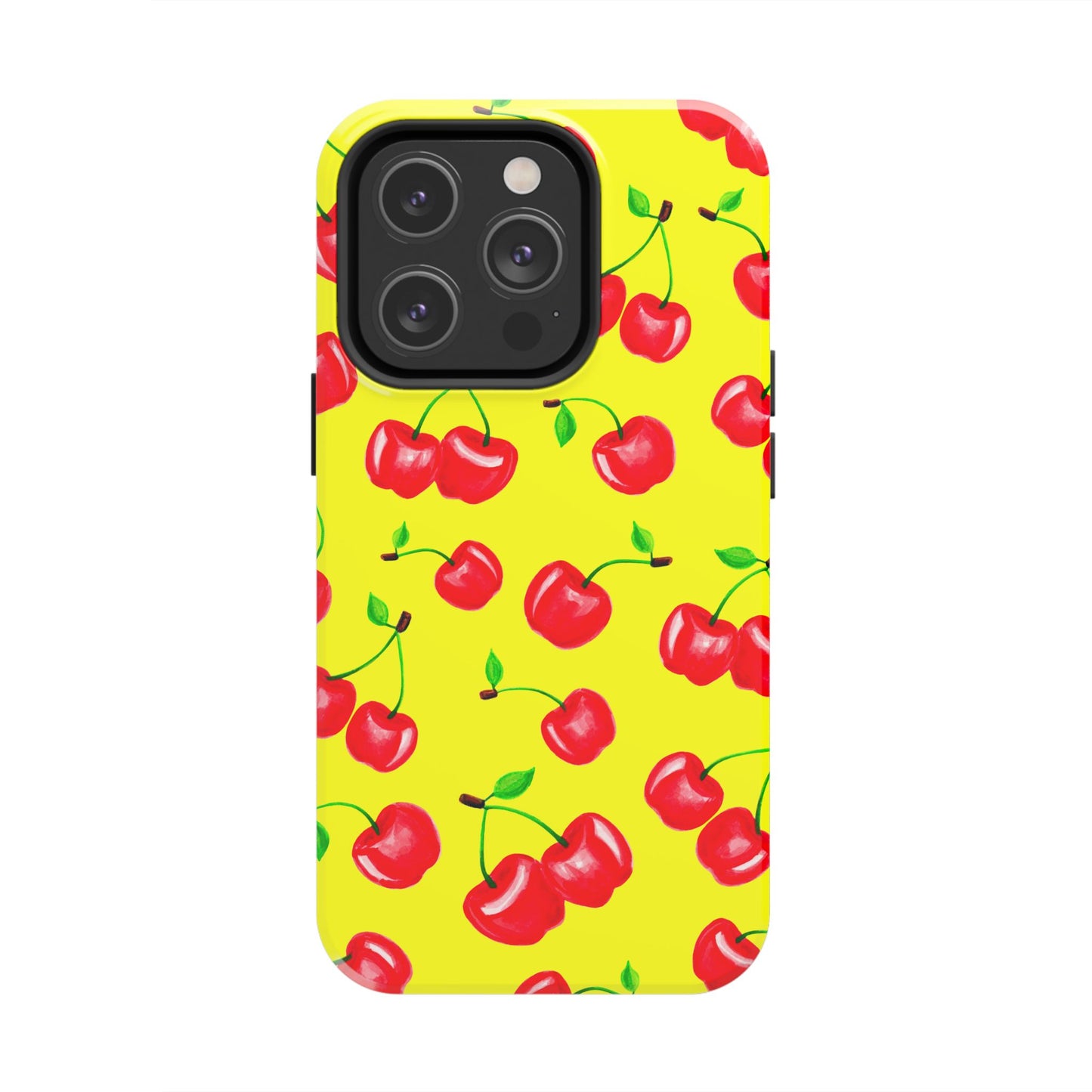 Tossed Red Watercolor Cherries Illustrated Pattern Bright Yellow Tough Phone Case | Various Models