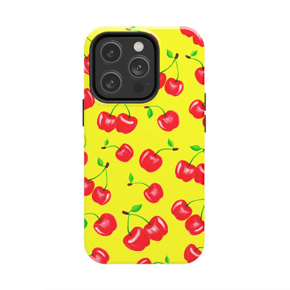 Tossed Red Watercolor Cherries Illustrated Pattern Bright Yellow Tough Phone Case | Various Models