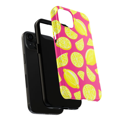 Bright Yellow Lemons Watercolor Illustrated Tossed Pattern Watermelon Pink Tough Phone Case | Various Models