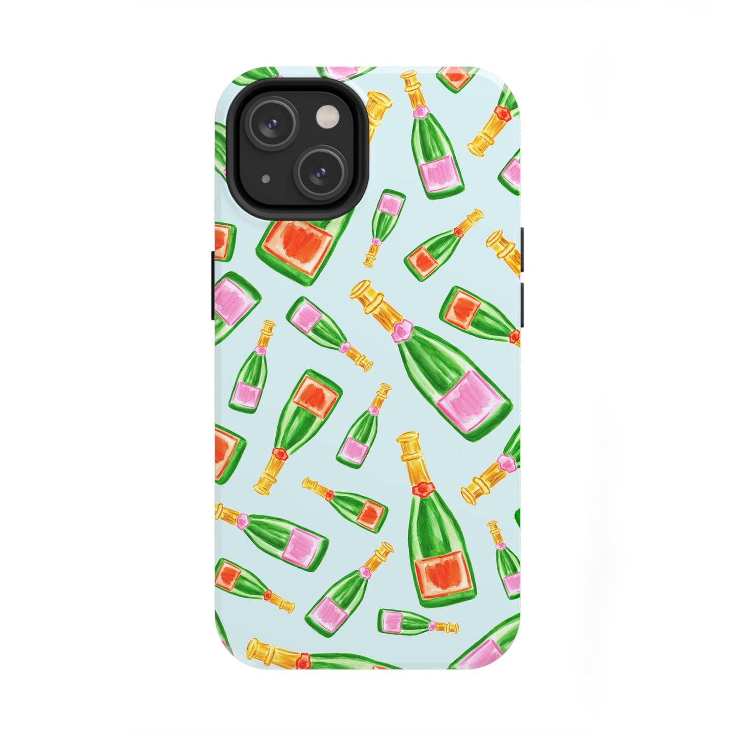 Tossed Pink and Green & Orange and Green Watercolor Illustrated Champagne Bottles Pattern Light Blue Tough Phone Case | Various Models
