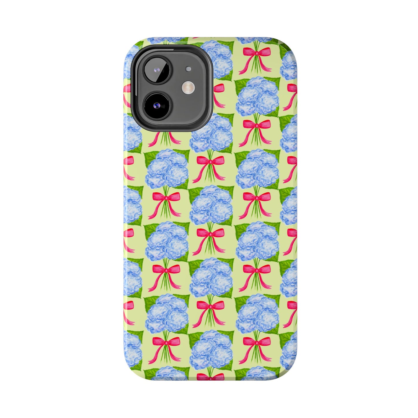 Blue Watercolor Hydrangea Bouquets with Hot Pink Bows Illustrated Patterned Yellow Preppy Grand Millenial Tough Phone Case | Various Models