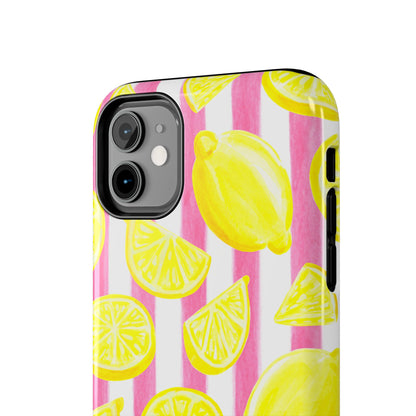 Pink Lemonade Yellow Lemons with Pink & White Watercolor Stripes Tough Phone Case