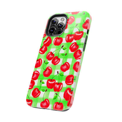 Red Tossed Cherries Green Gingham Watercolor Illustrated Tough Phone Case | Various Models Available