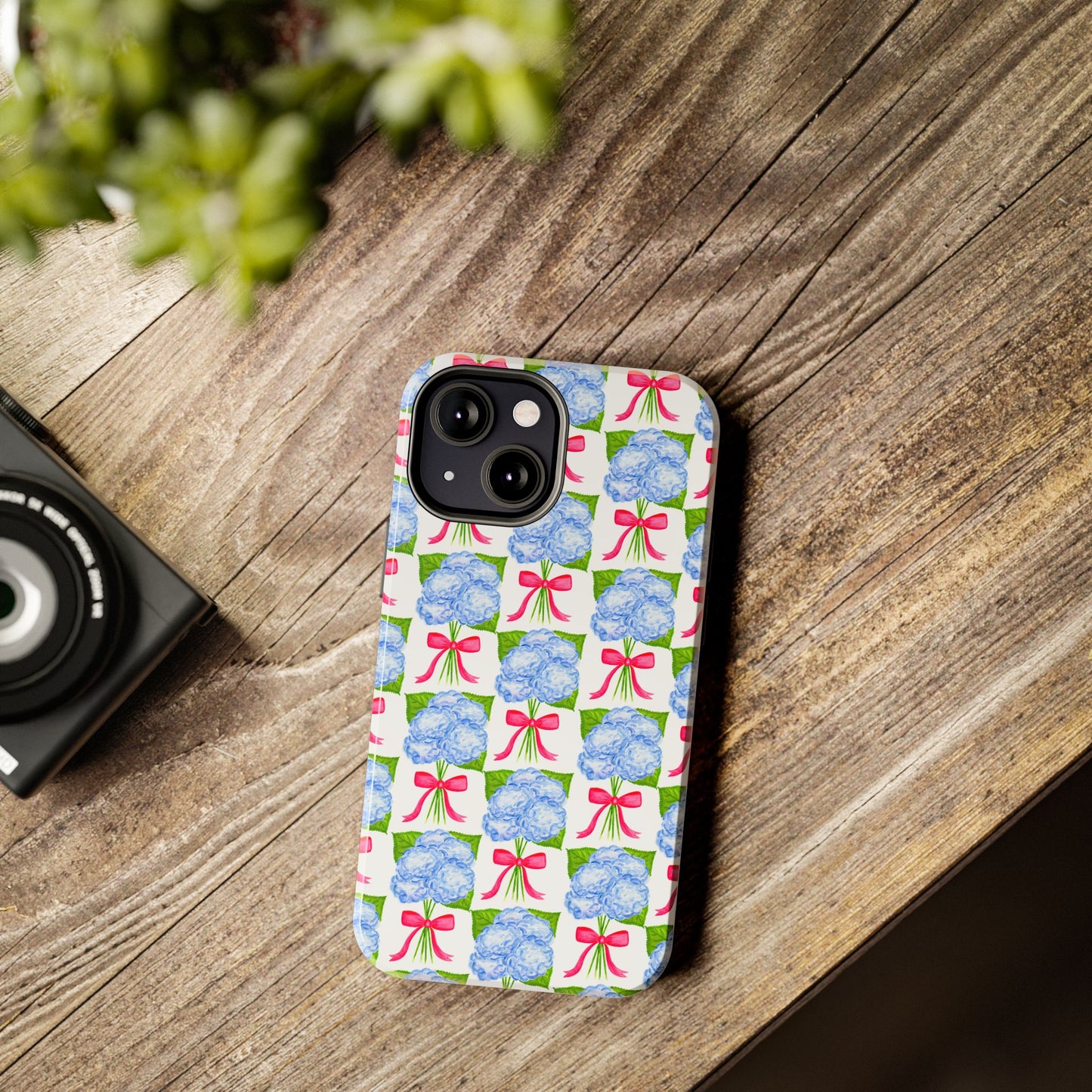 Blue Watercolor Hydrangea Bouquets with Hot Pink Bows Illustrated Patterned Tough Phone Case | Various Models