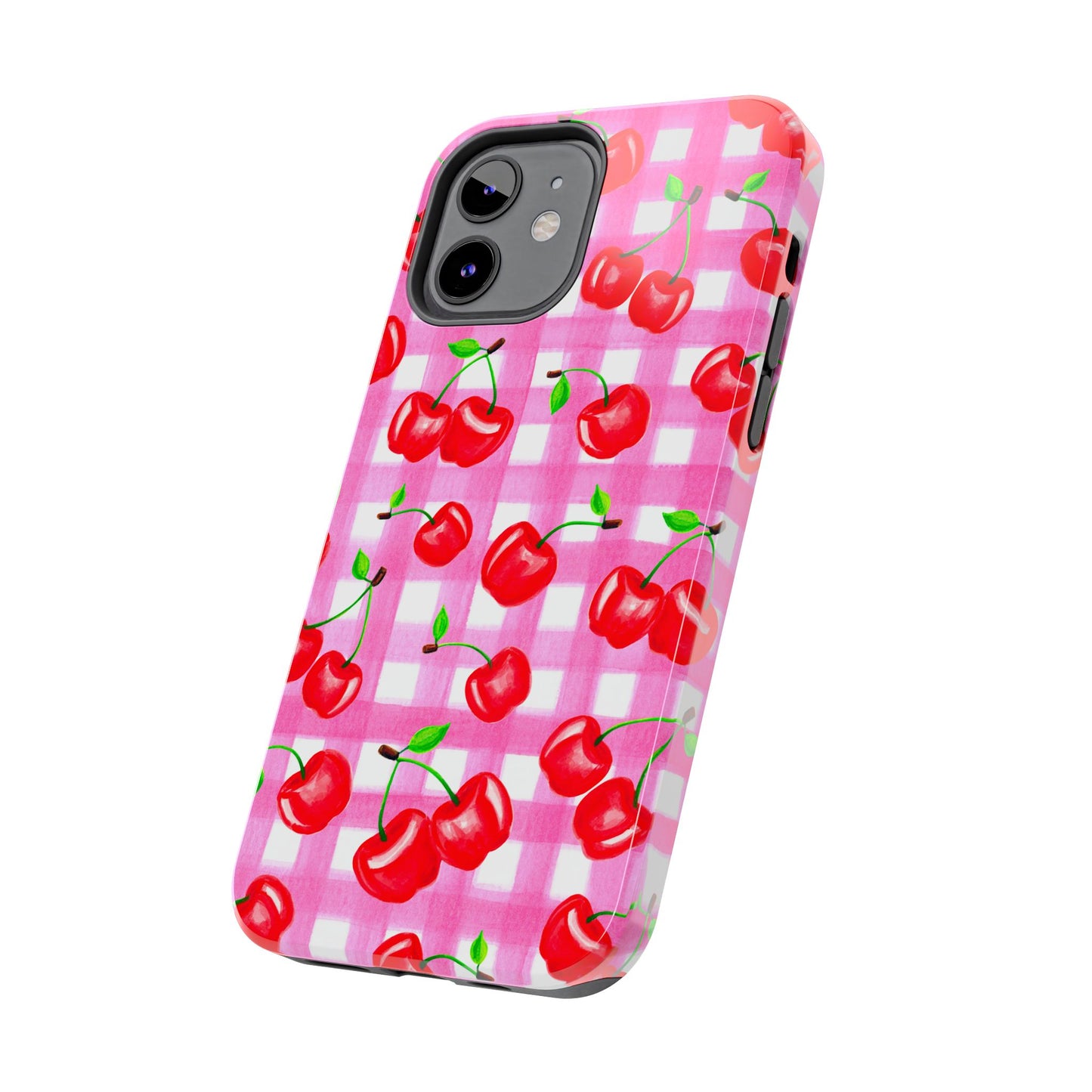 Tossed Red Watercolor Cherries Illustrated Pattern Light Pink Gingham Tough Phone Case | Various Models
