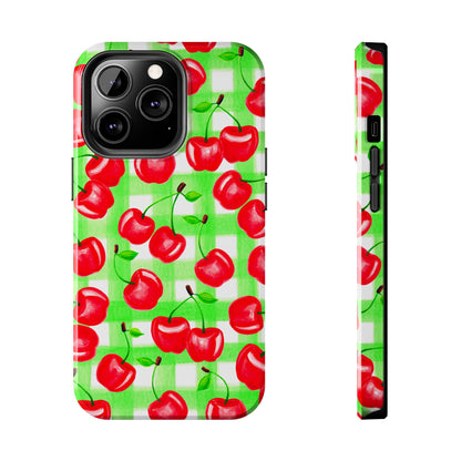 Red Tossed Cherries Green Gingham Watercolor Illustrated Tough Phone Case | Various Models Available