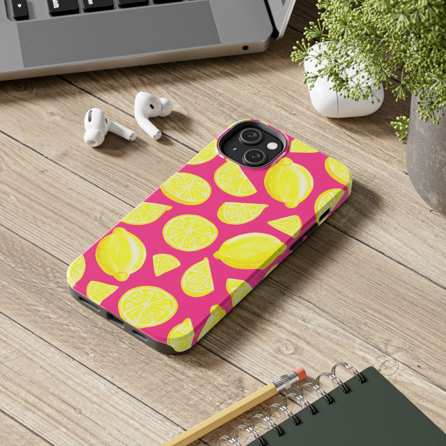Bright Yellow Lemons Watercolor Illustrated Tossed Pattern Watermelon Pink Tough Phone Case | Various Models