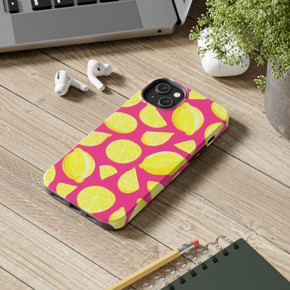Bright Yellow Lemons Watercolor Illustrated Tossed Pattern Watermelon Pink Tough Phone Case | Various Models