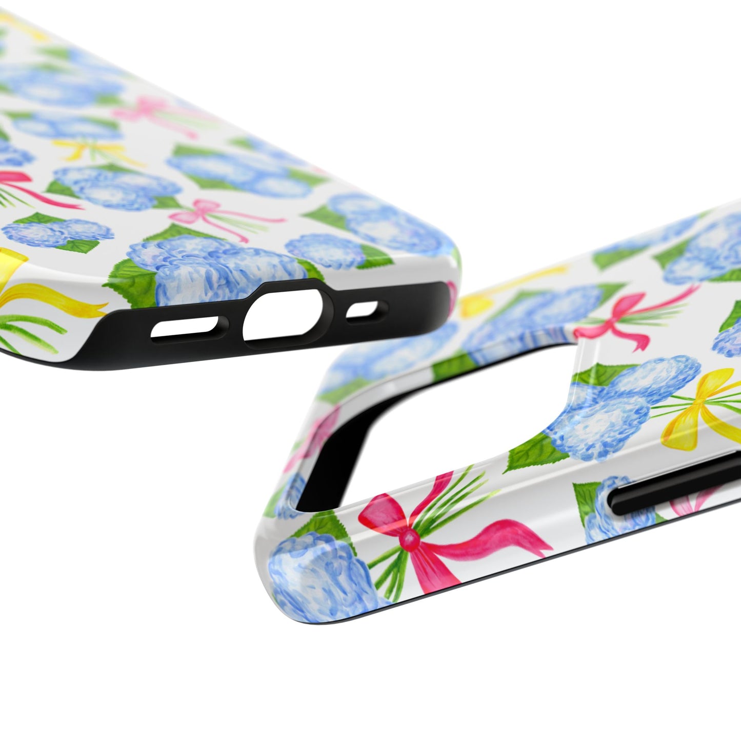 Blue Watercolor Hydrangea Bunches with Hot Pink, Yellow, Light Pink Bows Illustrated Patterned Tough Phone Case | Various Models