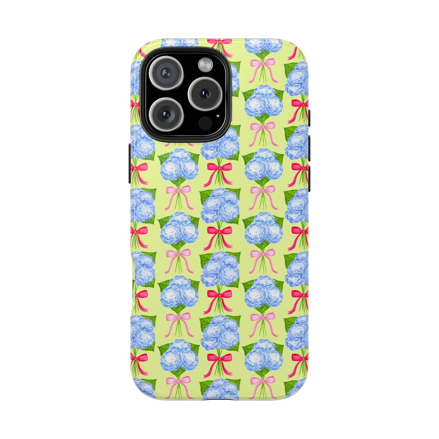 Watercolor Blue Hydrangea Bouquets with Hot Pink and Light Pink Bow Ribbons Illustrated Pattern Yellow Tough Phone Case | Various Models