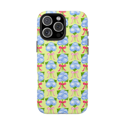 Watercolor Blue Hydrangea Bouquets with Hot Pink and Light Pink Bow Ribbons Illustrated Pattern Yellow Tough Phone Case | Various Models