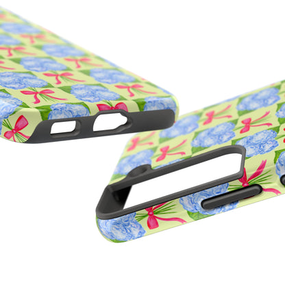 Blue Watercolor Hydrangea Bouquets with Hot Pink Bows Illustrated Patterned Yellow Preppy Grand Millenial Tough Phone Case | Various Models