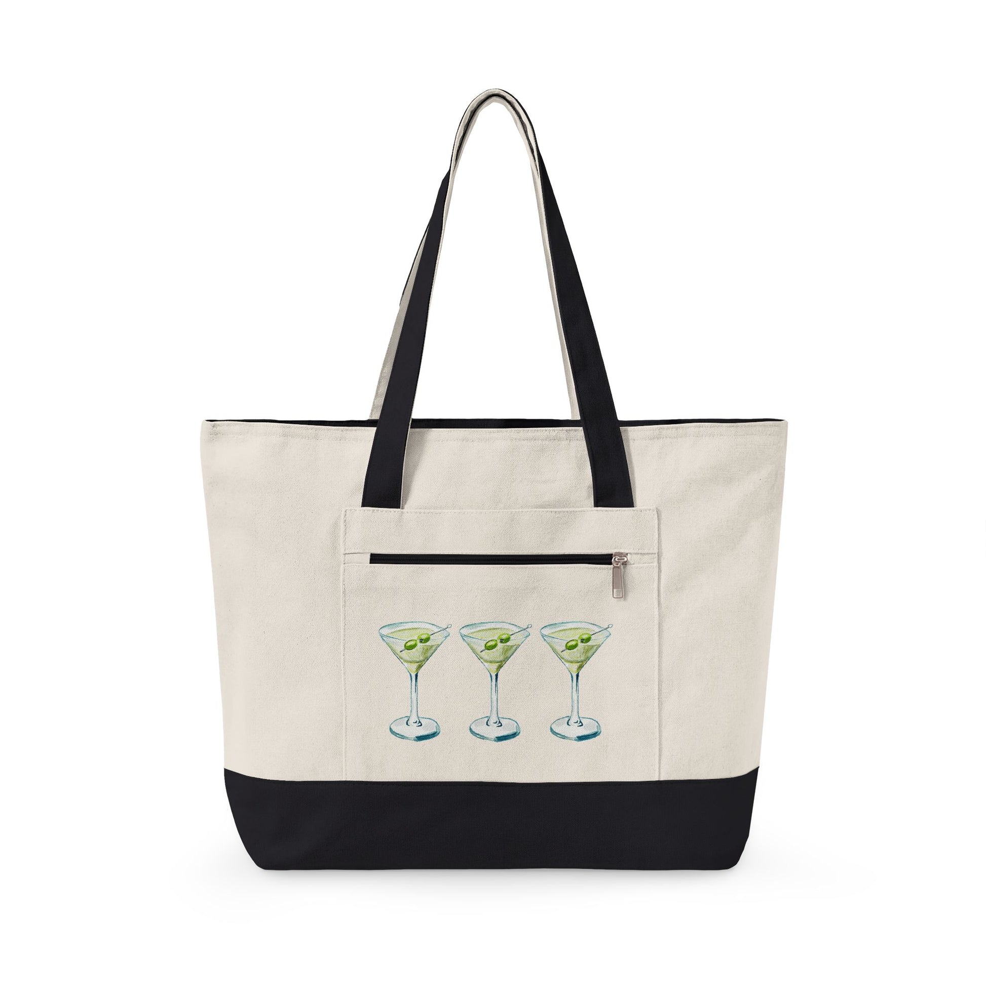 Blue & Green Martini Watercolor Trio Printed Zippered Canvas Tote 18" x 14" | Various Colors 18" x 14" x 4.5" Natural Black