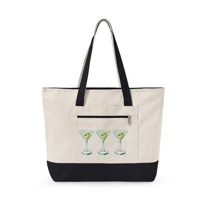 Blue & Green Martini Watercolor Trio Printed Zippered Canvas Tote 18" x 14" | Various Colors 18" x 14" x 4.5" Natural Black
