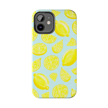 Bright Yellow Lemons Watercolor Illustrated Tossed Pattern Light Blue Tough Phone Case | Various Models