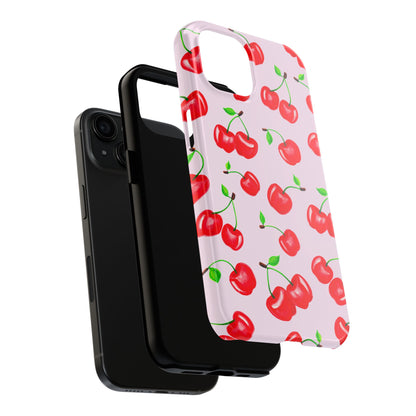 Tossed Red Watercolor Cherries Illustrated Pattern Light Pink Tough Phone Case | Various Models