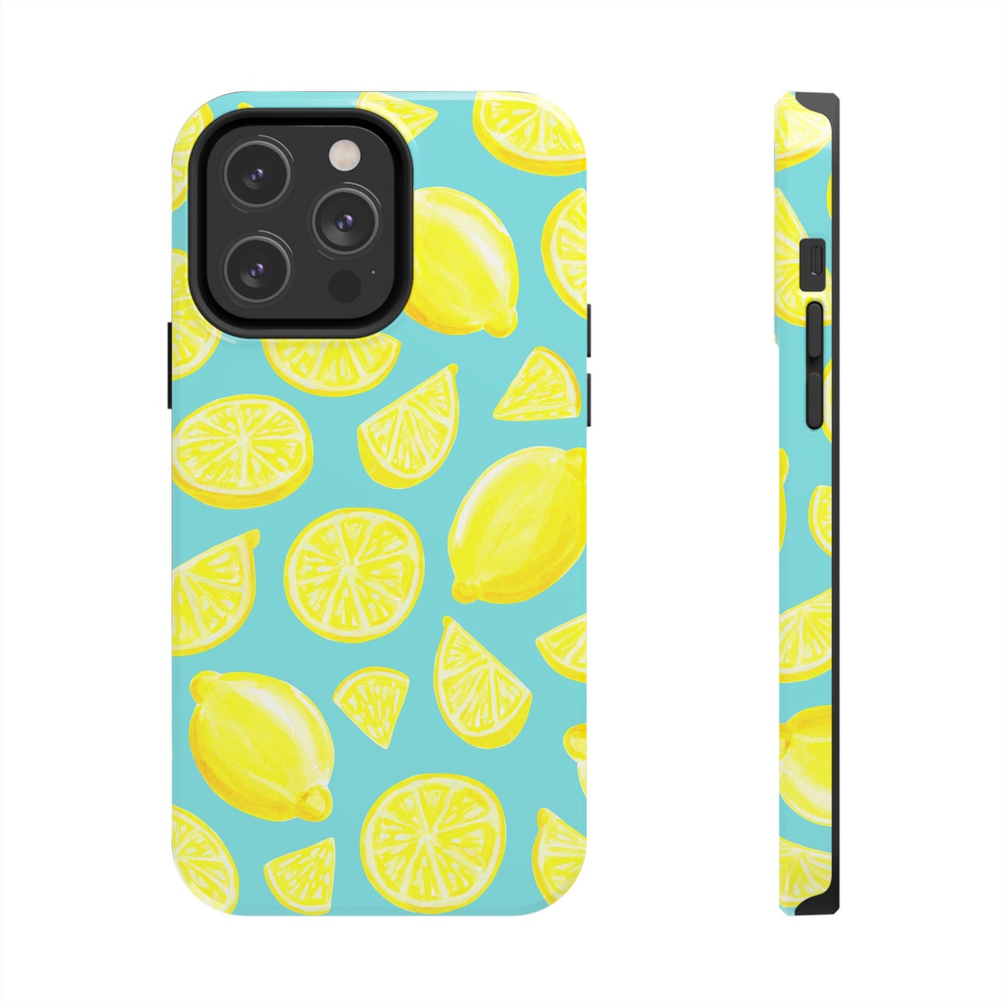 Bright Yellow Lemons Watercolor Illustrated Tossed Pattern Turquoise Blue Tough Phone Case | Various Models