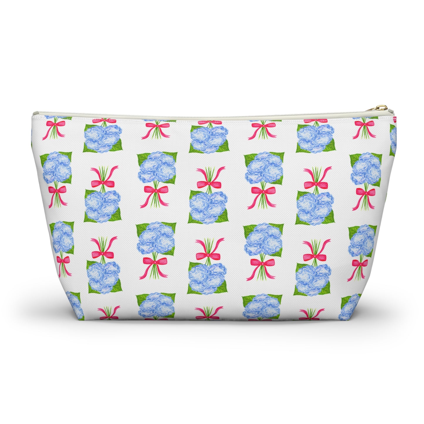 Blue Hydrangea Bouquets with Hot Pink Bows Watercolor Illustrated Printed Accessory Pouch T-Bottom | Large or Small
