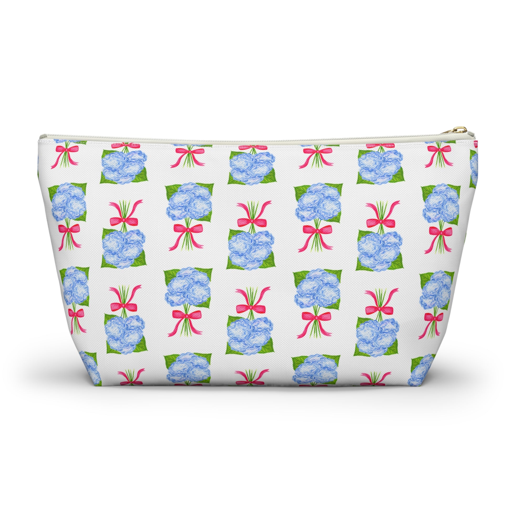 Blue Hydrangea Bouquets with Hot Pink Bows Watercolor Illustrated Printed Accessory Pouch T-Bottom | Large or Small