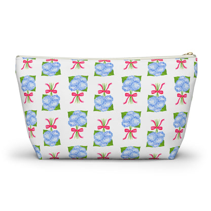 Blue Hydrangea Bouquets with Hot Pink Bows Watercolor Illustrated Printed Accessory Pouch T-Bottom | Large or Small