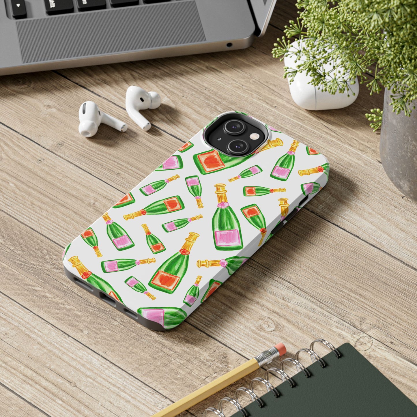 Tossed Pink and Green & Orange and Green Watercolor Illustrated Champagne Bottles Pattern Tough Phone Case | Various Models