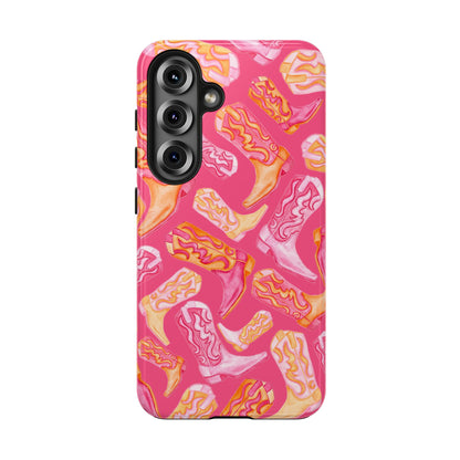 Tossed Hot Pink & Orange Watercolor Cowboy Boots Hot Pink Tough Phone Cases | Various Models Samsung Galaxy S25