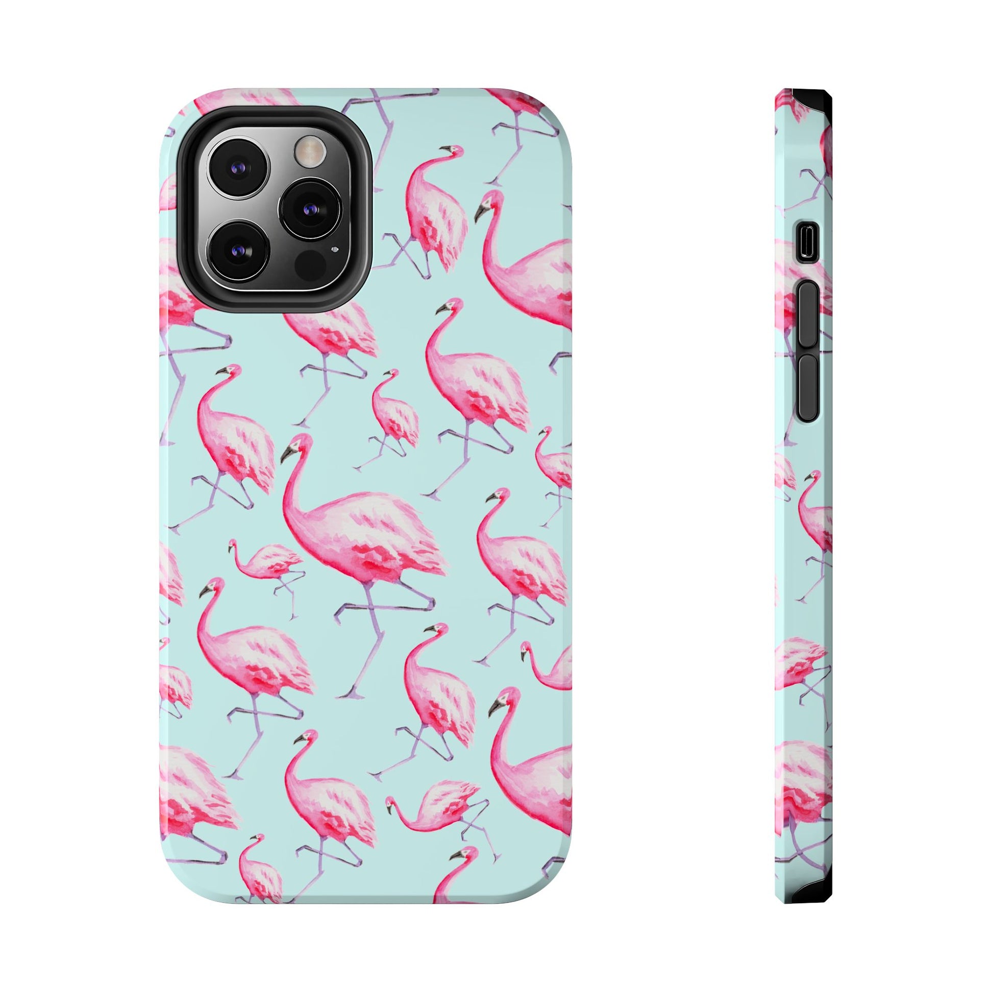 Pink Flamingos Watercolor Illustrated Tossed Pattern Blue Phone Case | Various Models iPhone 12 Pro