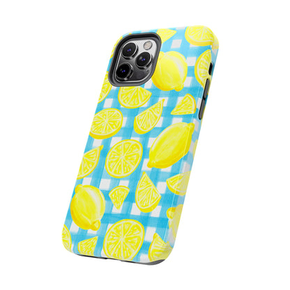 Bright Yellow Lemons Watercolor Illustrated Tossed Pattern Turquoise Gingham Tough Phone Case | Various Models