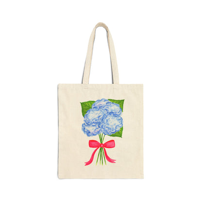 Canvas Book Tote | Blue Watercolor Hydrangeas with Hot Pink Bow Printed Farmers Market Tote | Coastal Preppy Gifts