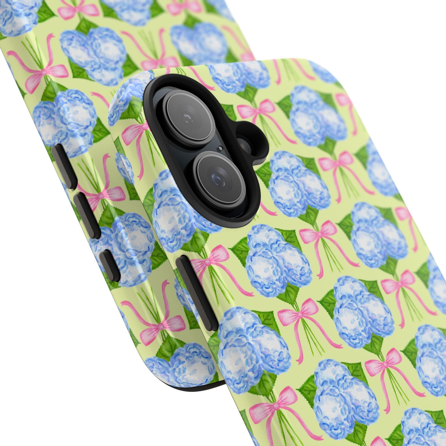 Blue Watercolor Hydrangea Bouquets with Light Pink Bows Watercolor Illustrated Patterned Yellow Tough Phone Case | Various Models