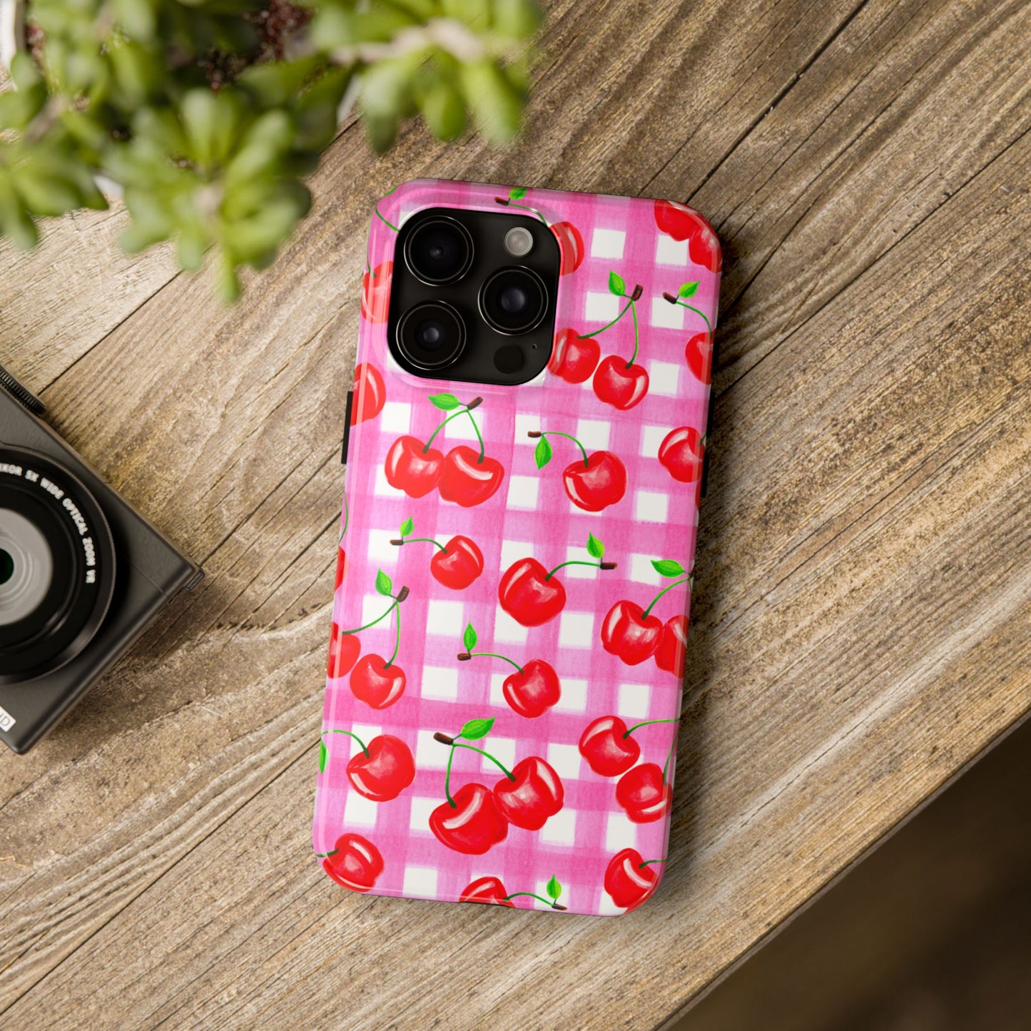 Tossed Red Watercolor Cherries Illustrated Pattern Light Pink Gingham Tough Phone Case | Various Models