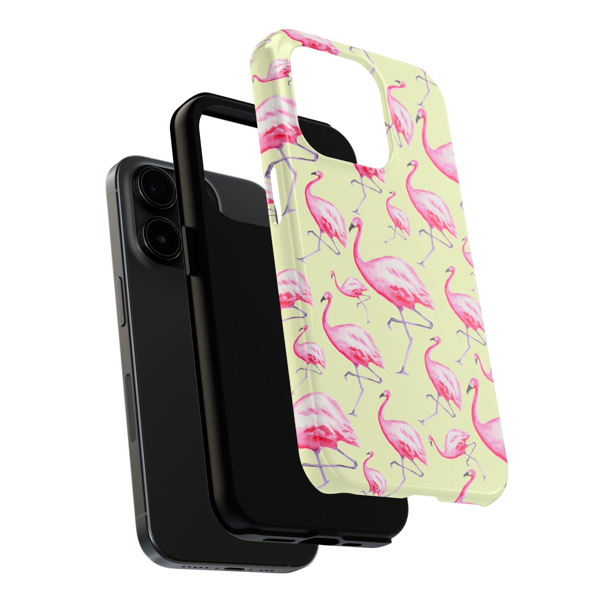 Pink Flamingos Watercolor Illustrated Tossed Pattern Yellow Phone Case | Various Models
