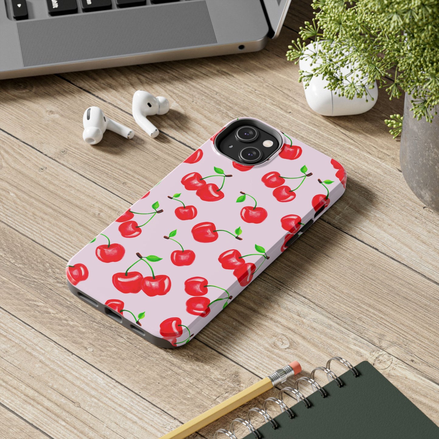 Tossed Red Watercolor Cherries Illustrated Pattern Light Pink Tough Phone Case | Various Models
