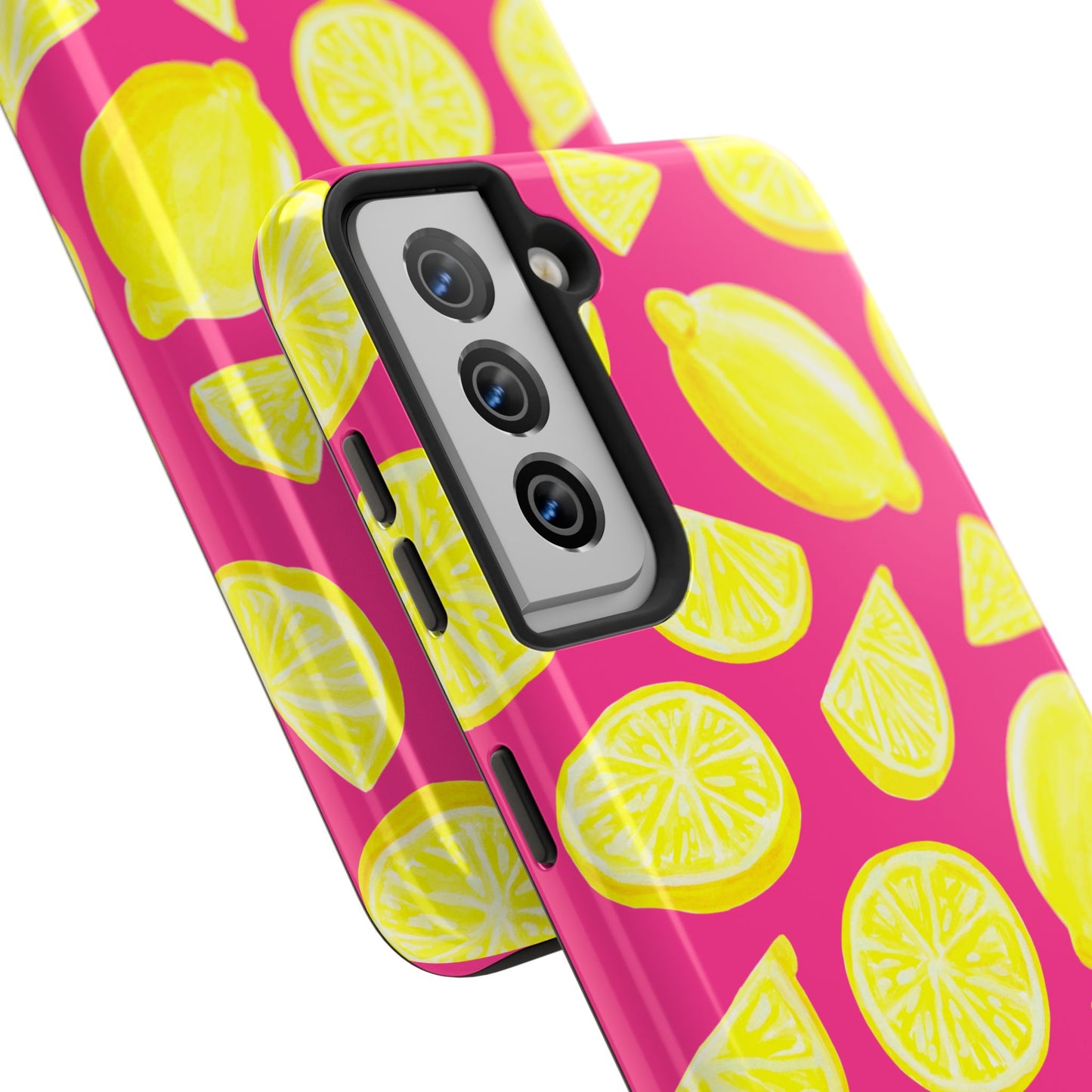 Bright Yellow Lemons Watercolor Illustrated Tossed Pattern Watermelon Pink Tough Phone Case | Various Models