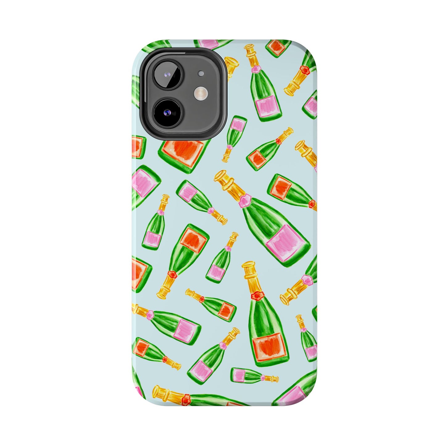 Tossed Pink and Green & Orange and Green Watercolor Illustrated Champagne Bottles Pattern Light Blue Tough Phone Case | Various Models