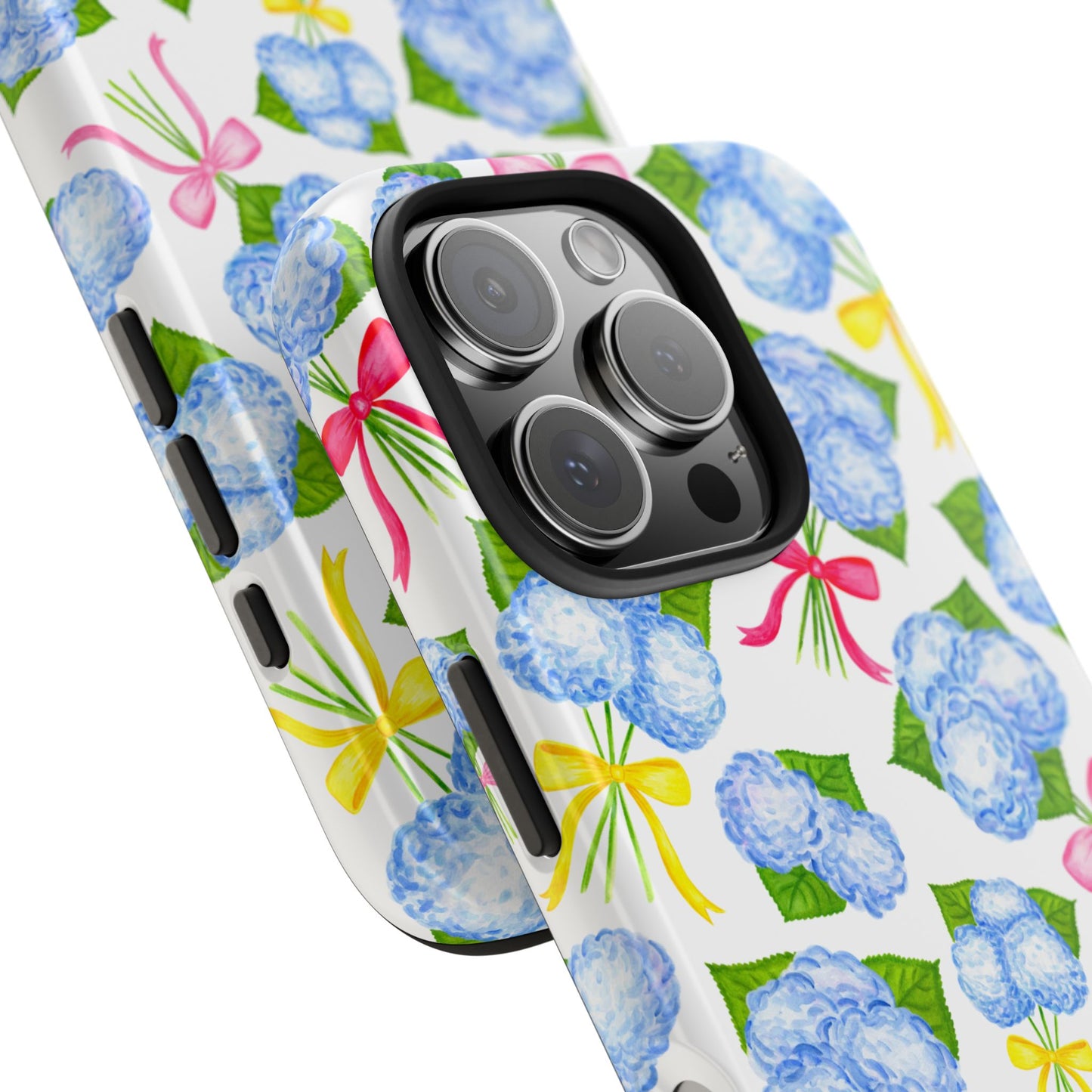Blue Watercolor Hydrangea Bunches with Hot Pink, Yellow, Light Pink Bows Illustrated Patterned Tough Phone Case | Various Models