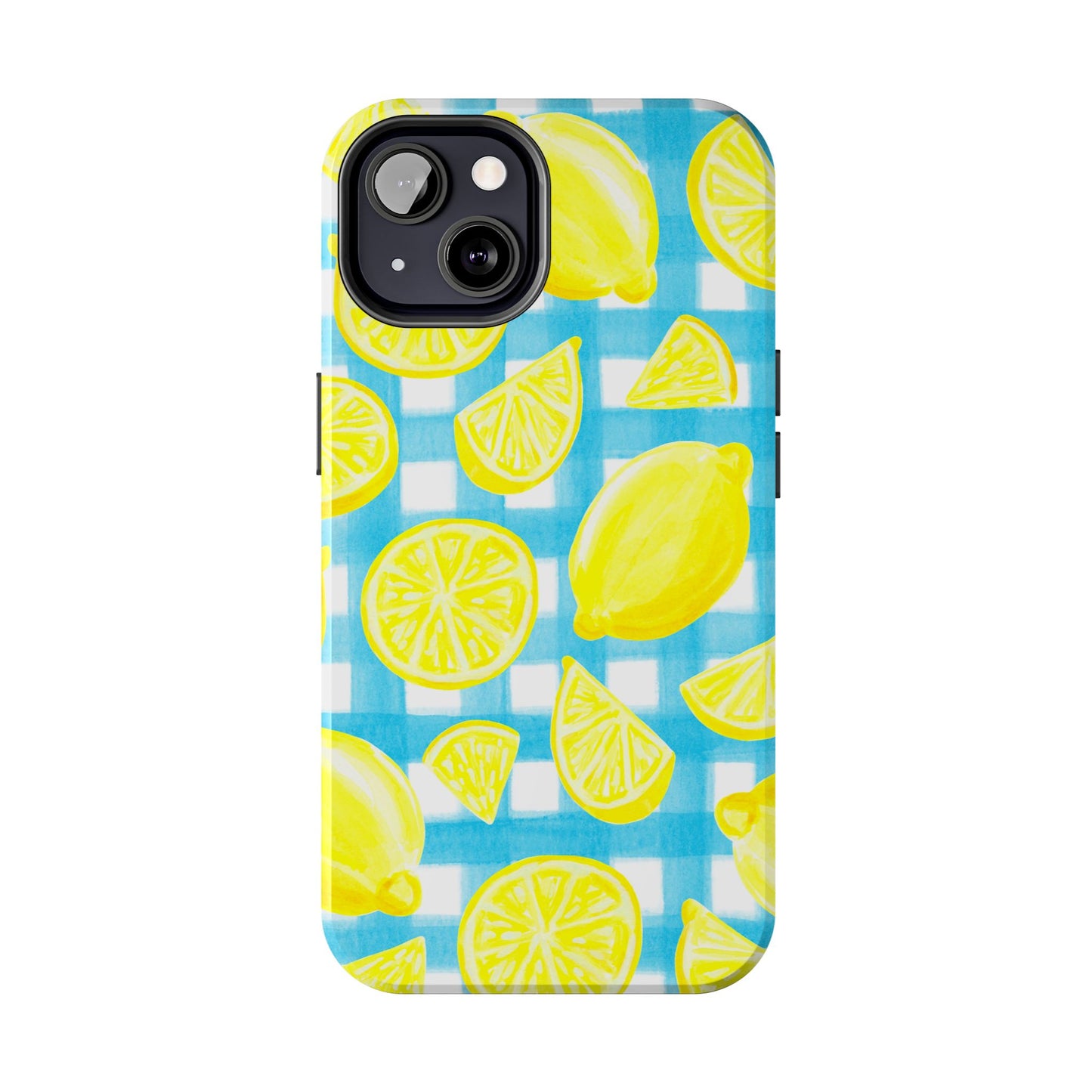 Yellow Lemons & Turquoise Gingham Watercolor Illustrated Tough Phone Case | Various Models Available