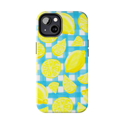 Yellow Lemons & Turquoise Gingham Watercolor Illustrated Tough Phone Case | Various Models Available