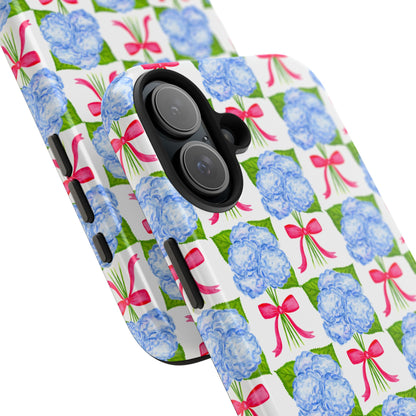Blue Watercolor Hydrangea Bouquets with Hot Pink Bows Illustrated Patterned Tough Phone Case | Various Models