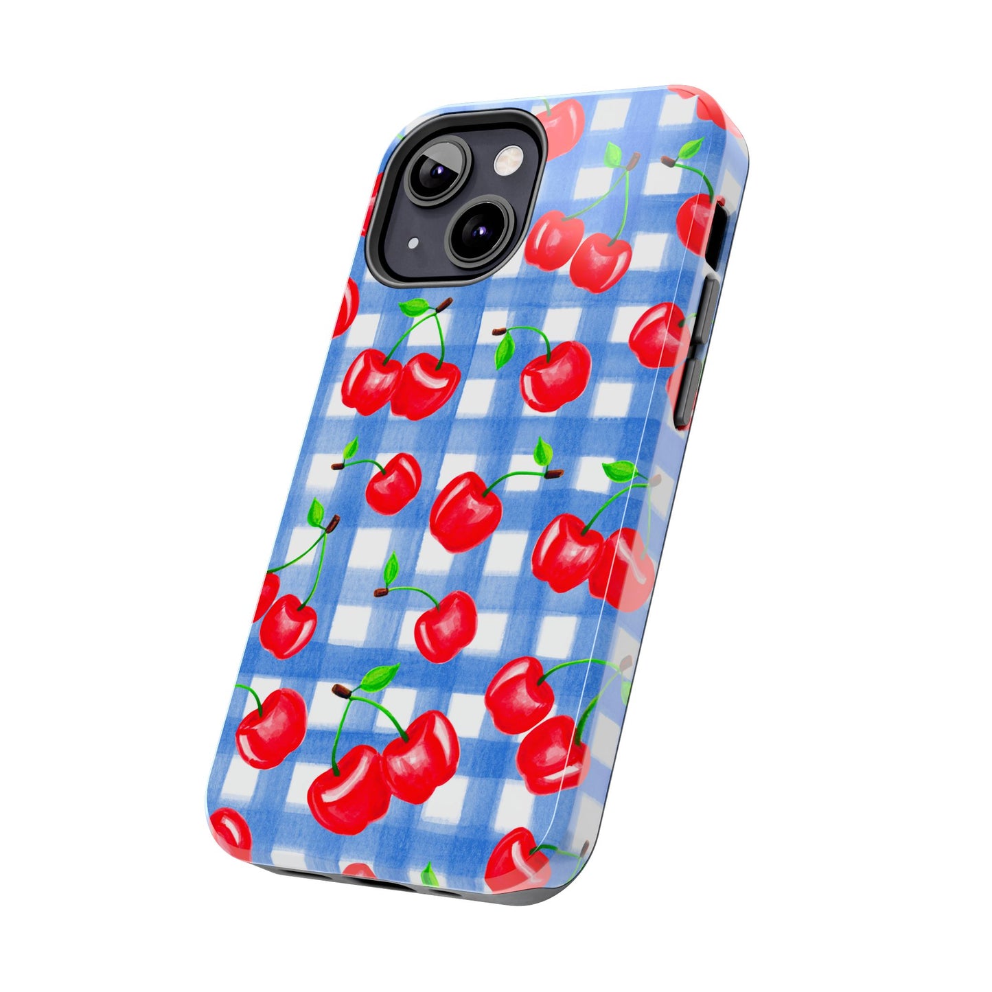 Tossed Red Watercolor Illustrated Cherries Light Blue Gingham Tough Phone Case | Various Models