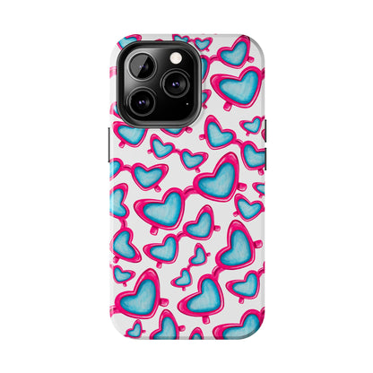 Pink & Blue Heart Shaped Sunglasses Watercolor Illustrated Tossed Pattern Tough Case | Various Models