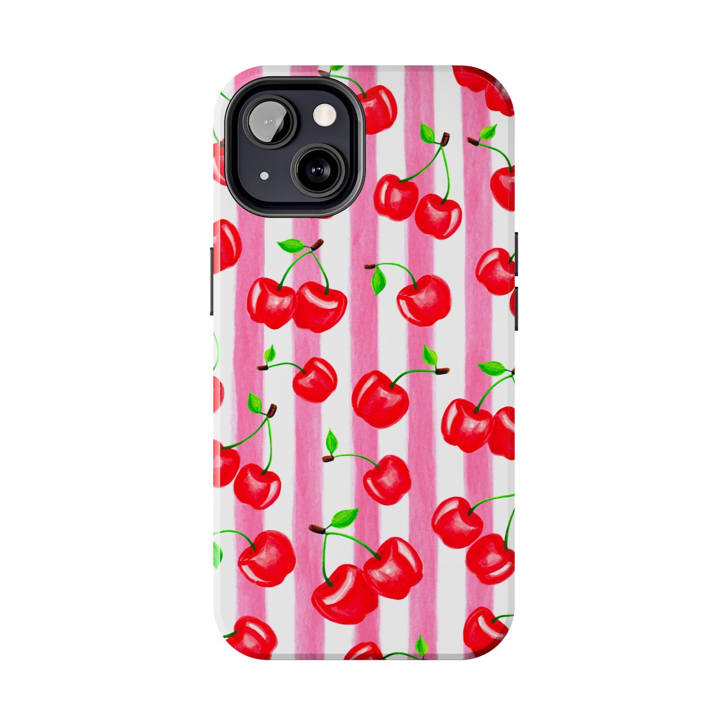 Tossed Red Watercolor Cherries Illustrated Pattern Light Pink Stripes Tough Phone Case | Various Models