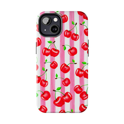 Tossed Red Watercolor Cherries Illustrated Pattern Light Pink Stripes Tough Phone Case | Various Models