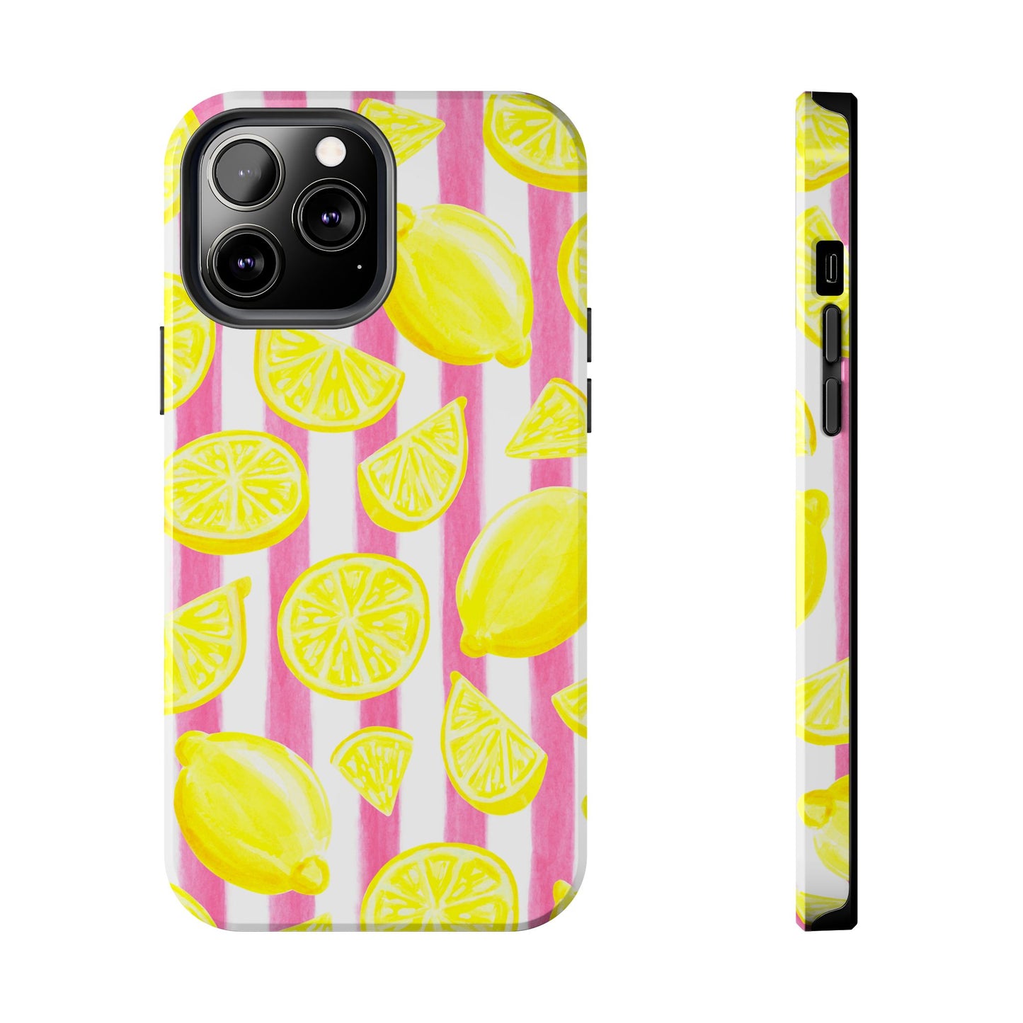 Pink Lemonade Yellow Lemons with Pink & White Watercolor Stripes Tough Phone Case