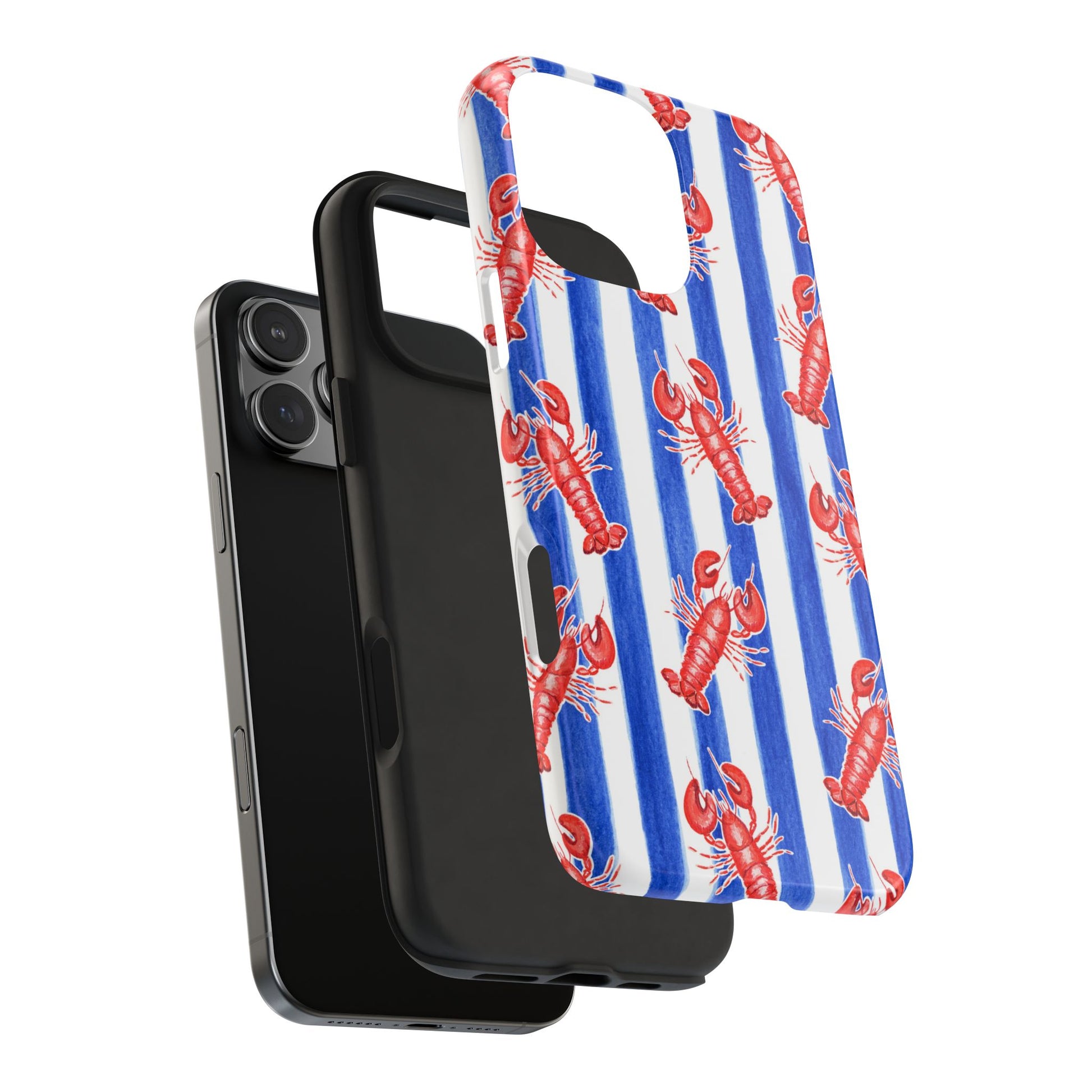 Blue & White Strip Red Lobster Watercolor Patterned Phone Case | Various Models