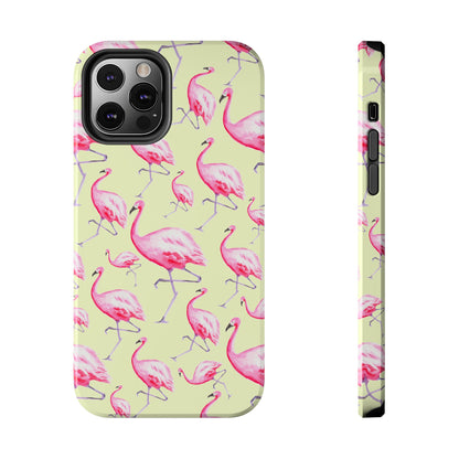 Pink Flamingos Watercolor Illustrated Tossed Pattern Yellow Phone Case | Various Models iPhone 12 Pro