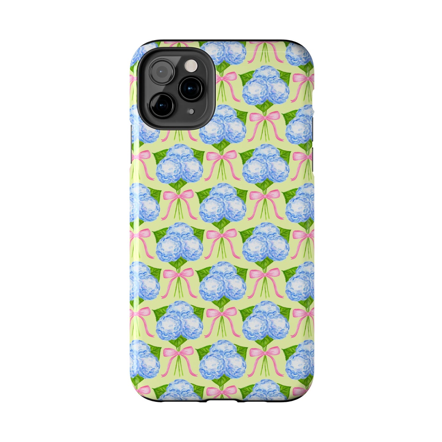 Blue Watercolor Hydrangea Bouquets with Light Pink Bows Watercolor Illustrated Patterned Yellow Tough Phone Case | Various Models